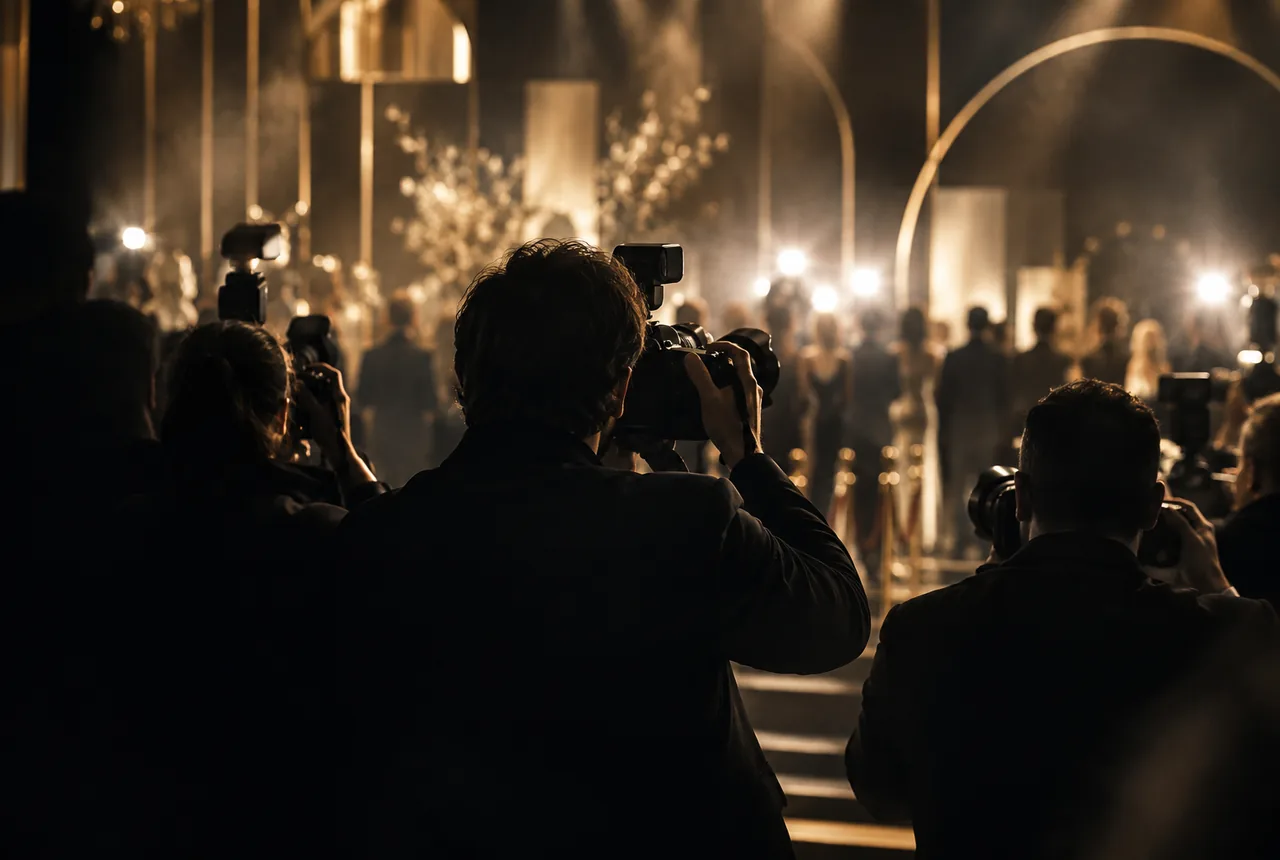 Fotógrafos cubriendo un evento de marca frente a un muro iluminado